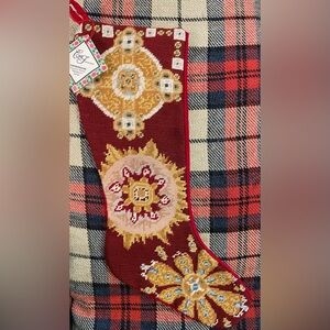 Vintage 1990s Handmade Wool Needlepoint Christmas Medallion Embroidered Stocking